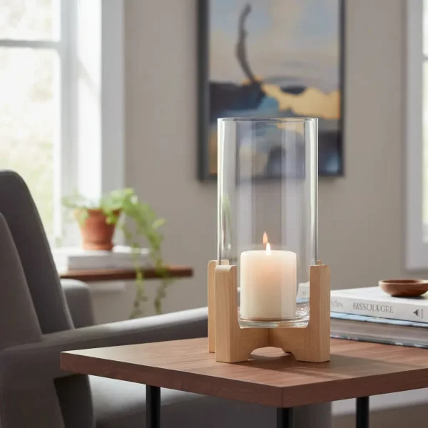 Portavela Jarrón De Vidrio Grande Con Base De Madera 34cm