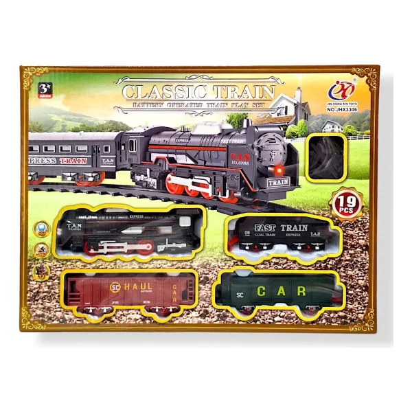 Tren Clásico A Pilas Juguete Locomotora + 3 Vagones Vías Luz