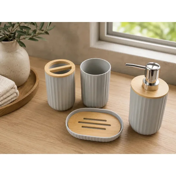 Set Accesorios Baño Kit 4 Piezas Dispenser Plastico Bambu Blanco