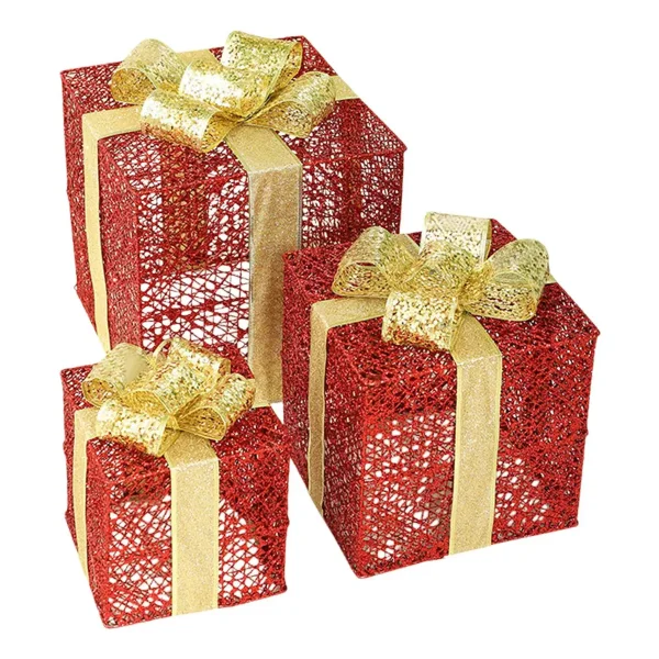 Cajas De Regalo Set X3 Decoración Adorno Navidad Con Moño Rojo/oro