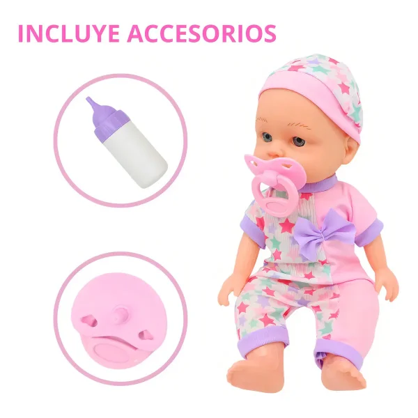 Muñeca Bebé Sonidos Incluye Chupete Y Mamadera 26 Cm