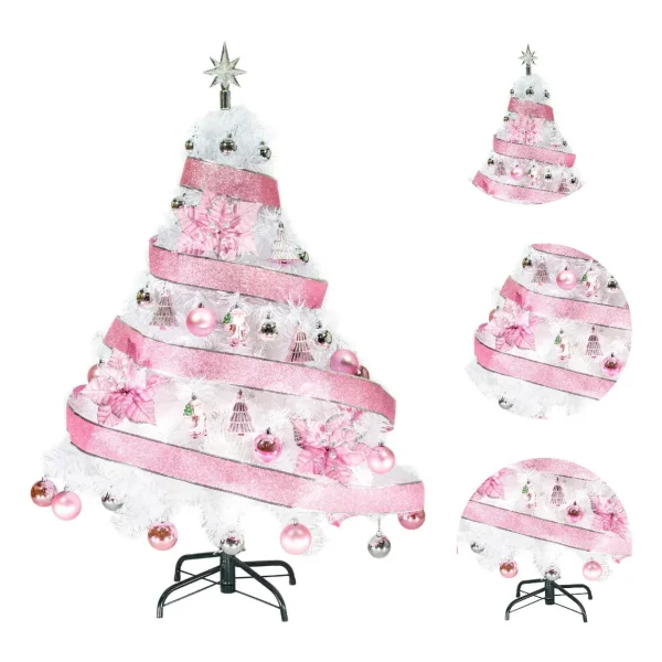 Arbol De Navidad Blanco Tronador Lujo 1,20mts Decorado Rosa