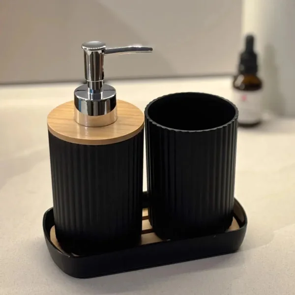 Kit Accesorios Baño 3 Piezas Dispenser Jabonera Bambú Blanco