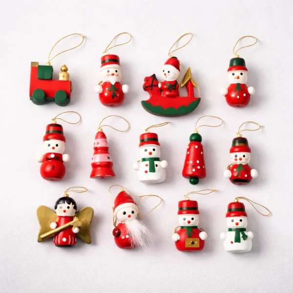 Set X10 Adornos Navideños Colgantes Madera Arbol Navidad Rojo