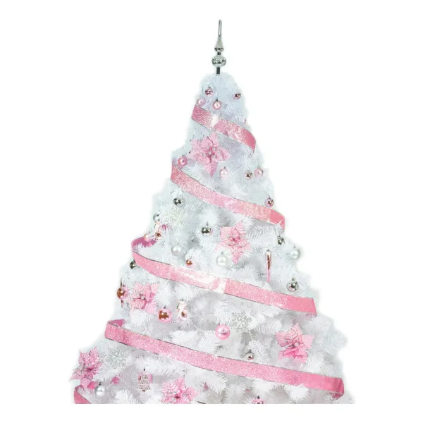 Arbol De Navidad Blanco Tronador Lujo 2,10mts Decorado Rosa Blanco