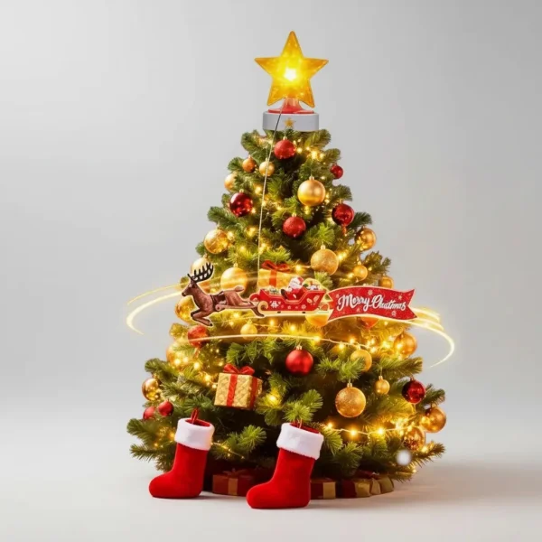 Puntal Árbol Navidad Trineo Reno Giratorio Luz Y Sonido Amarillo