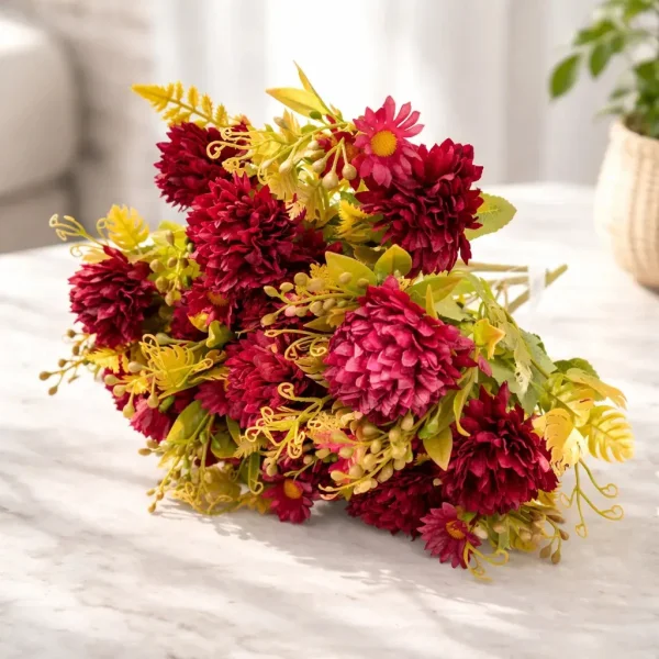 Ramo Crisantemos Flores Artificiales 30cm Decoración Pack X3 Vino