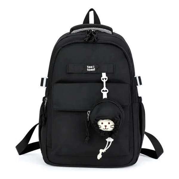 Mochila Escolar Urbana Con Monedero Y Peluche Antirrobo Nena Color Negro Floreado