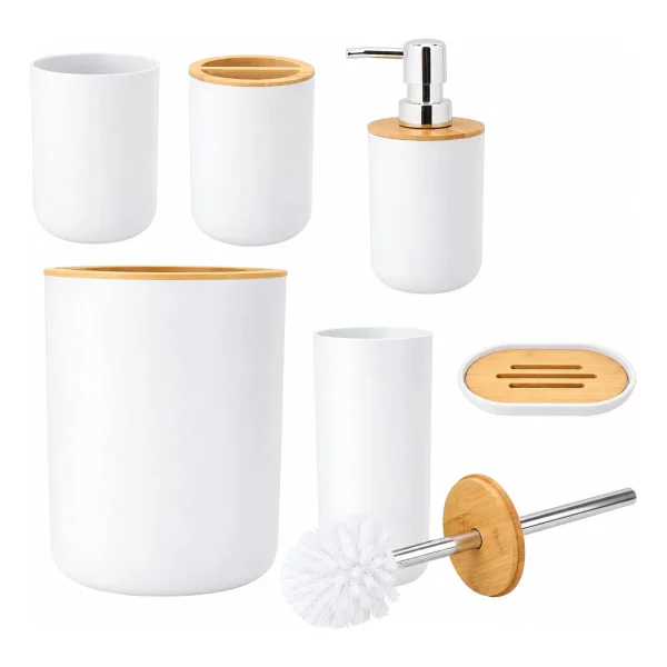 Set Baño 6 Piezas Bambu Tacho Dispenser Jabonera Escobilla Blanco