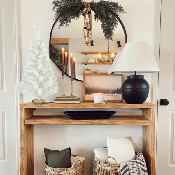 Arbol De Navidad Blanco 80cm Base Tronco Natural Mini Pino