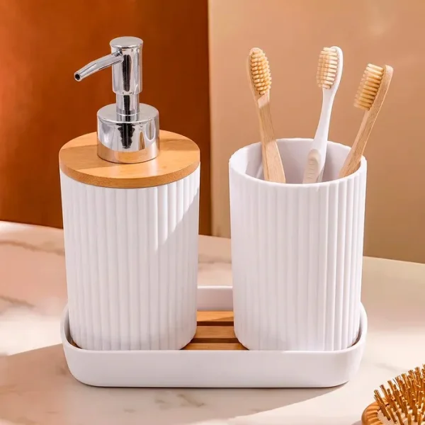 Set Accesorios Para Baño 3 Piezas Bambú Dispenser Jabonera Negro