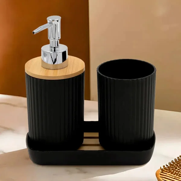 Set Accesorios Para Baño 3 Piezas Bambú Dispenser Jabonera Negro