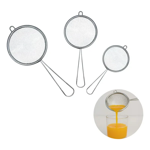 Set Colador X3 Malla Fina Alambre Metálico Mango Metal Plateado
