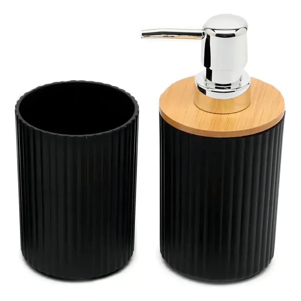 Set Accesorios Para Baño 3 Piezas Bambú Dispenser Jabonera Negro
