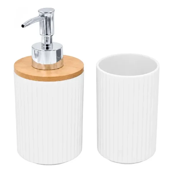 Kit Accesorios Baño 3 Piezas Dispenser Jabonera Bambú Blanco