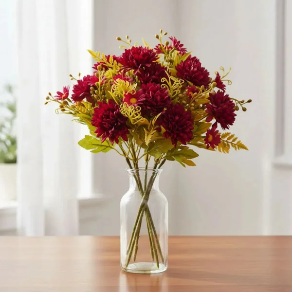 Ramo Crisantemos Flores Artificiales 30cm Decoración Pack X3 Vino