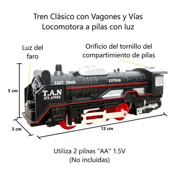 Tren Clásico A Pilas Juguete Locomotora + 3 Vagones Vías Luz