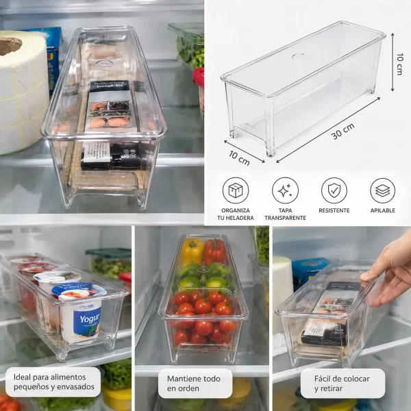 Recipiente Organizador Heladera Con Tapa Multiuso 30x10x10 Transparente