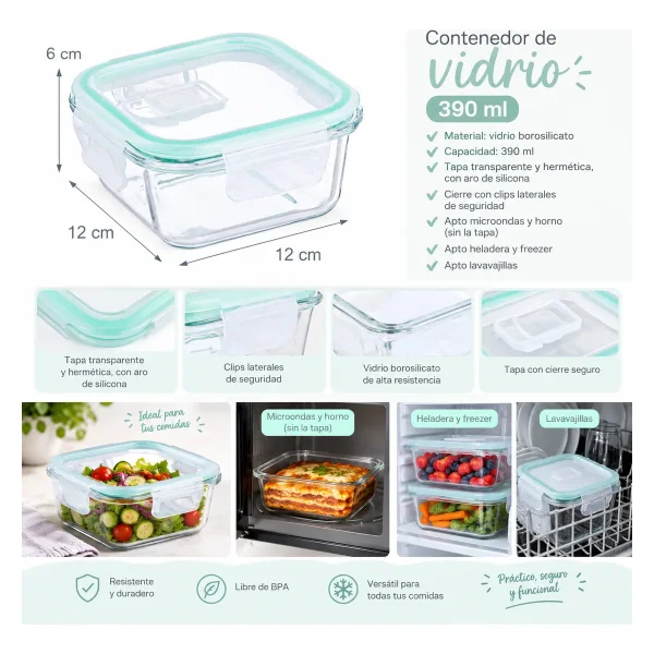 Taper De Vidrio Hermético Microondas Horno Freezer 390ml Transparente