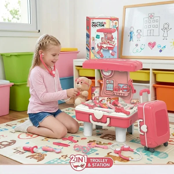 Valija Maletín Doctor Infantil Con Ruedas Set Juego De Rol Rosa