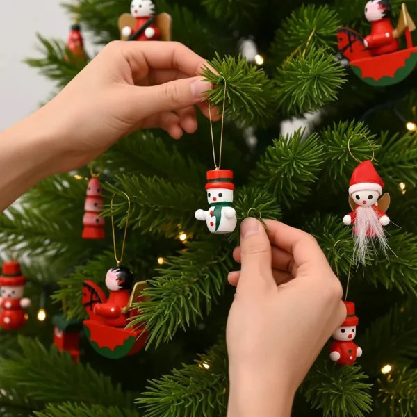 Set X10 Adornos Navideños Colgantes Madera Arbol Navidad Rojo