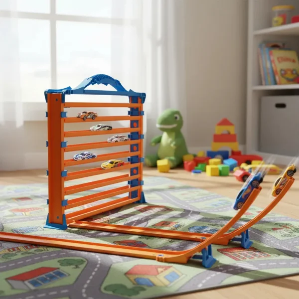 Pista Transportador + 5 Autos Garaje Loop Rampas 3en1 Niños Naranja