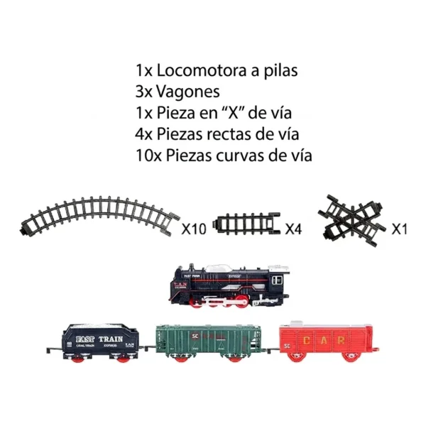 Tren Clásico A Pilas Juguete Locomotora + 3 Vagones Vías Luz
