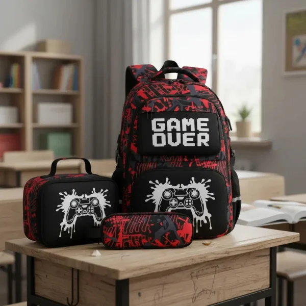 Mochilas Escolares 3 En 1 Cartuchera Lonchera Game Over Nene
