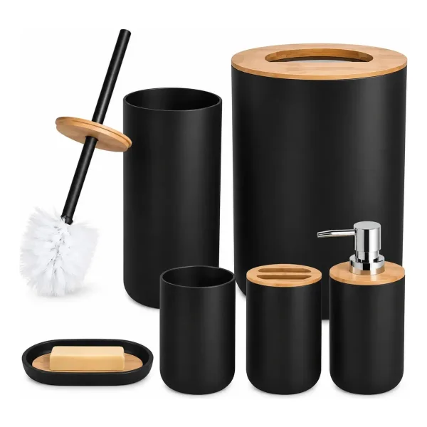 Set Baño 6 Piezas Bambu Tacho Dispenser Jabonera Escobilla Negro