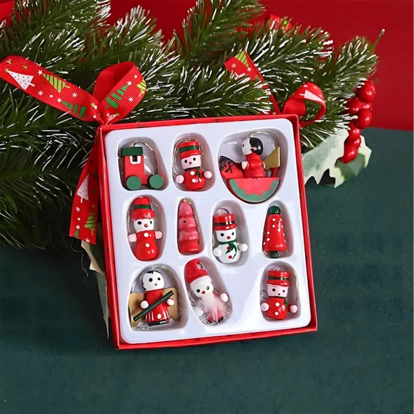 Set X10 Adornos Navideños Colgantes Madera Arbol Navidad Rojo