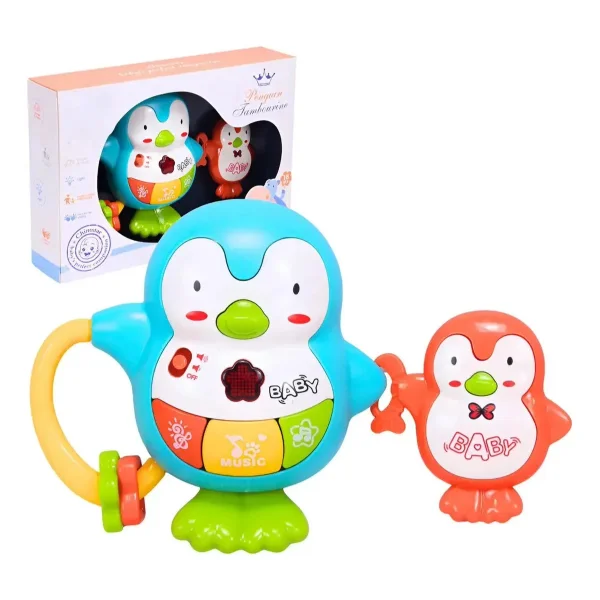 Sonajero Musical Bebe Pinguino Celeste Con Luces Y Sonidos