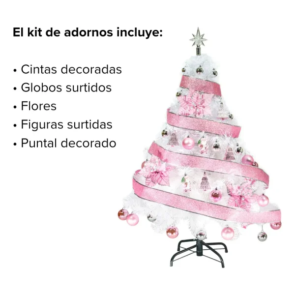 Arbol De Navidad Blanco Tronador Lujo 1,20mts Decorado Rosa