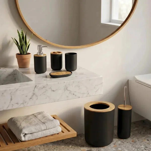 Set Baño 6 Piezas Bambu Tacho Dispenser Jabonera Escobilla Negro