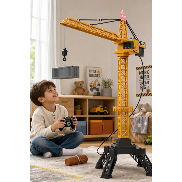 Grúa Torre Control Remoto Cable 120cm Gira 360° Luz Juguete Naranja