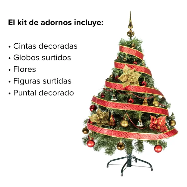 Arbol Navidad Tronador Verde 1,20mts + Kit 30 Rojo Oro