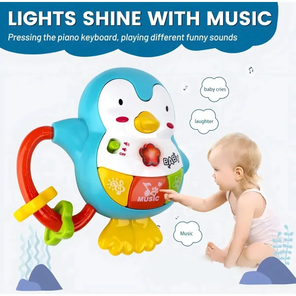 Sonajero Musical Bebe Pinguino Celeste Con Luces Y Sonidos