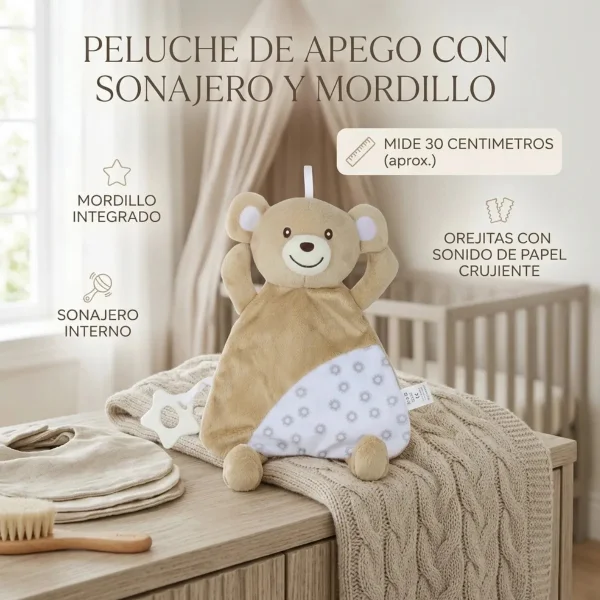 Peluche Apego Osito Sonajero Mordillo Bebé 30cm Super Suave Marrón Claro