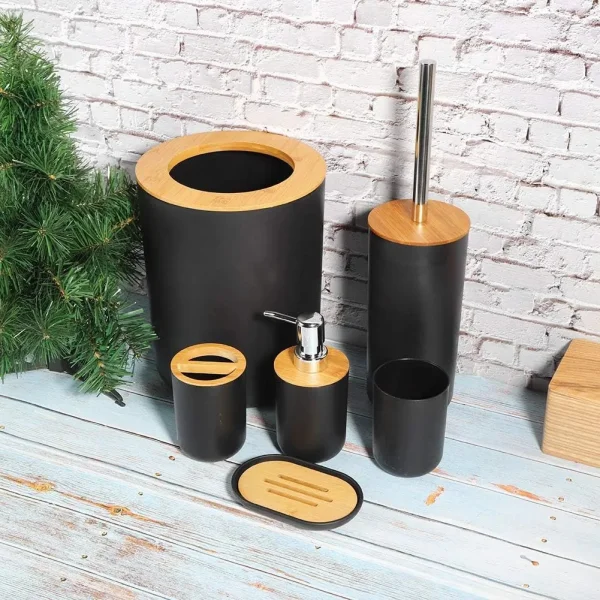 Set Baño 6 Piezas Bambu Tacho Dispenser Jabonera Escobilla Negro