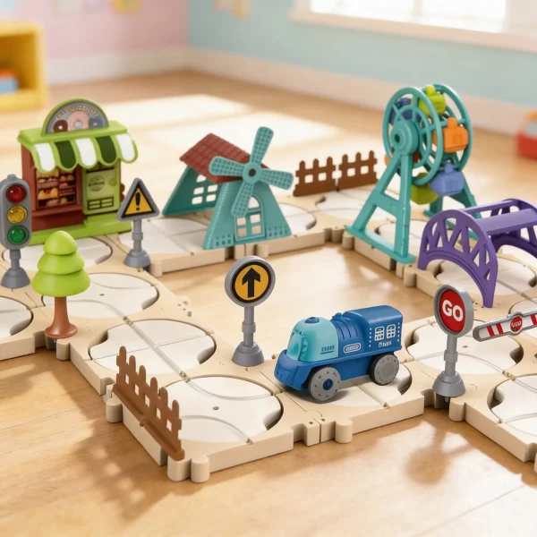 Pista Tren Eléctrico Puzzle 65 Piezas Diy Armable Niños Tren Beige