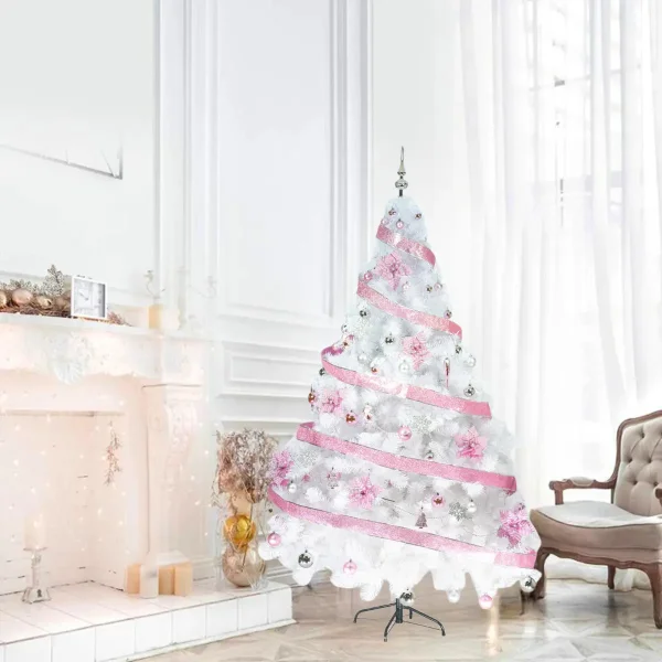 Arbol De Navidad Blanco Tronador Lujo 2,10mts Decorado Rosa Blanco