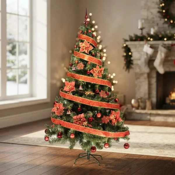 Árbol De Navidad Tronador De Lujo Fabesa 180 Cm Verde Con Kit De 60 Adornos Rojos