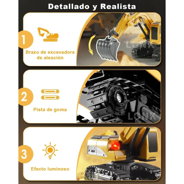 Excavadora Grua Rc 1:24 Recargable A Control Remoto Con Luz Naranja
