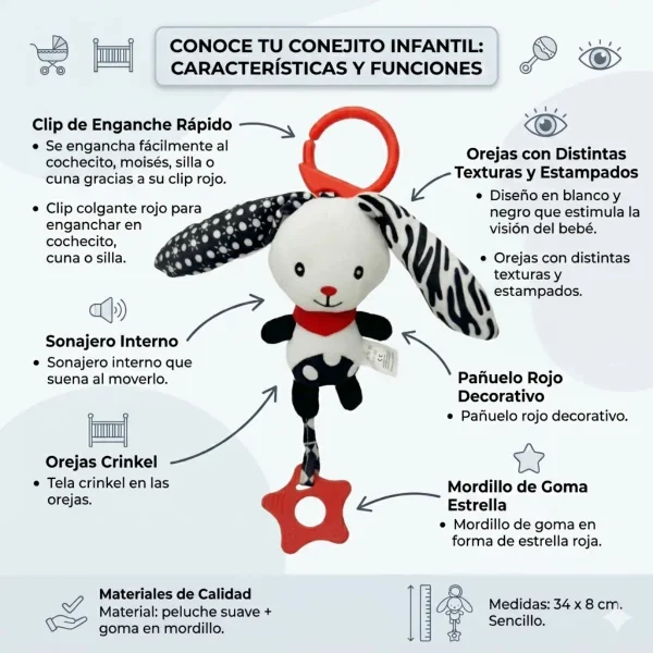 Peluche Colgante Bebé Conejito Sonajero Mordillo Cochecito B/n