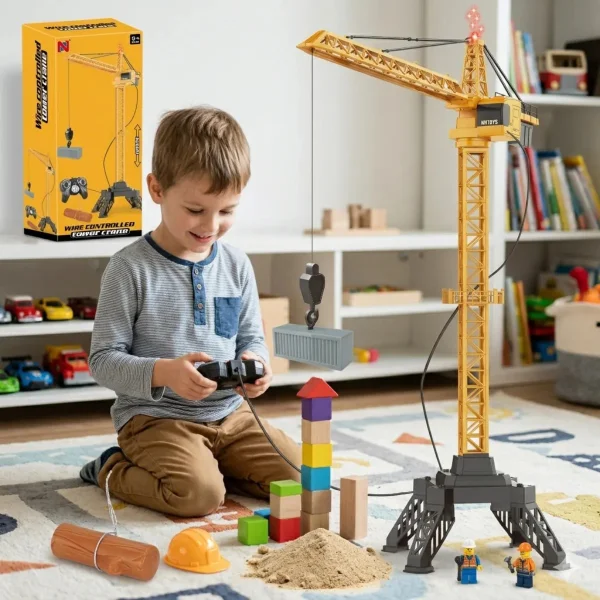 Grúa Torre Control Remoto Cable 120cm Gira 360° Luz Juguete Naranja
