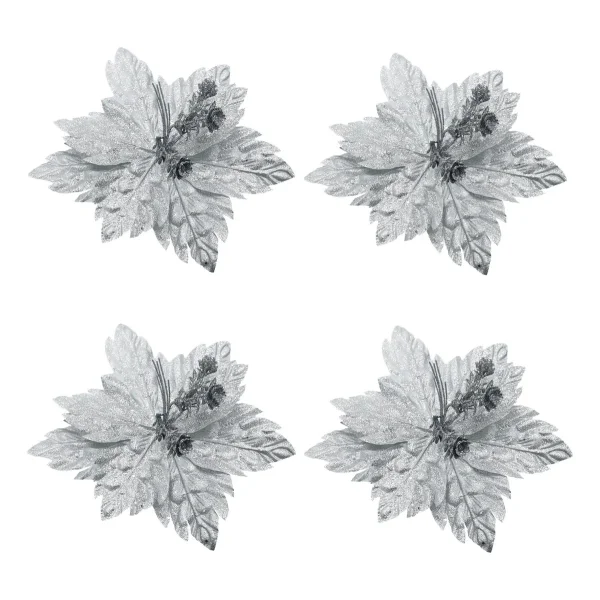 Flor 25cm Plata Arbol De Navidad Adornos Decoracion X4u Plateado Floreado