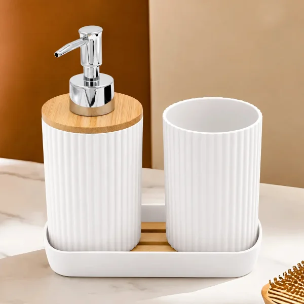 Set Accesorios Para Baño 3 Piezas Bambú Dispenser Jabonera Negro