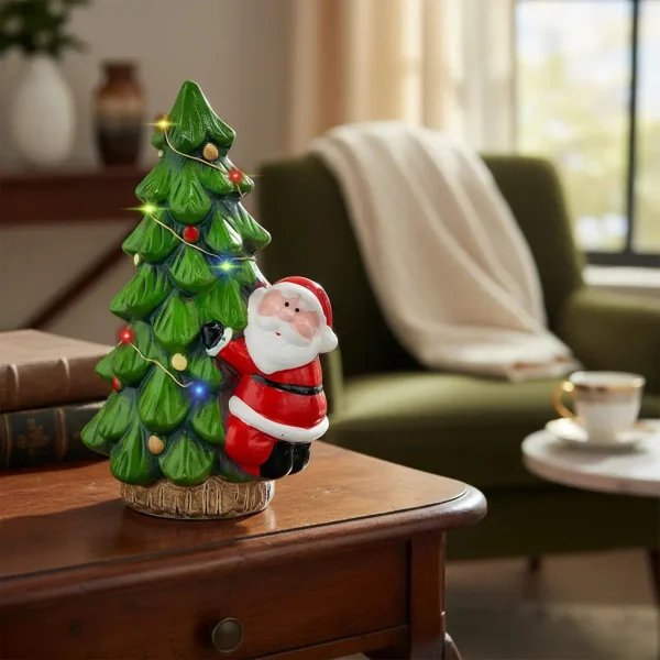 Adorno Ceramica Arbol De Navidad Papa Noel 23cm + Luz Deco