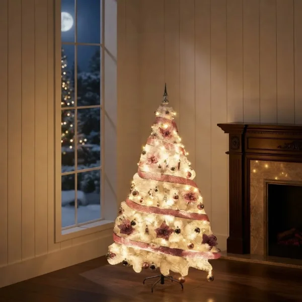 Arbol Navidad Blanco Tronador Lujo 1.80mts Decorado Rosa Blanco