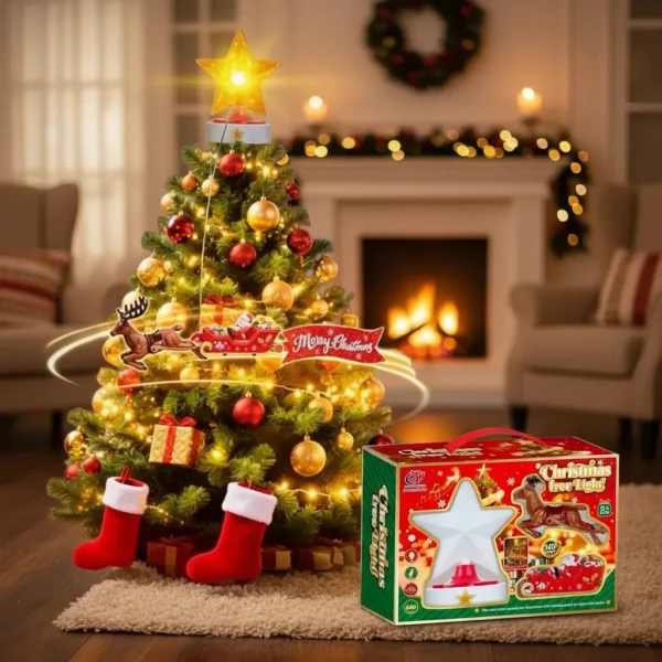 Puntal Árbol Navidad Trineo Reno Giratorio Luz Y Sonido Amarillo