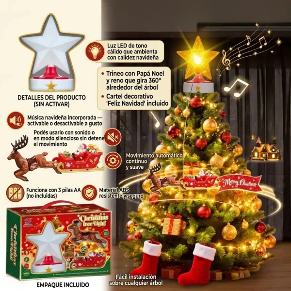 Puntal Árbol Navidad Trineo Reno Giratorio Luz Y Sonido Amarillo